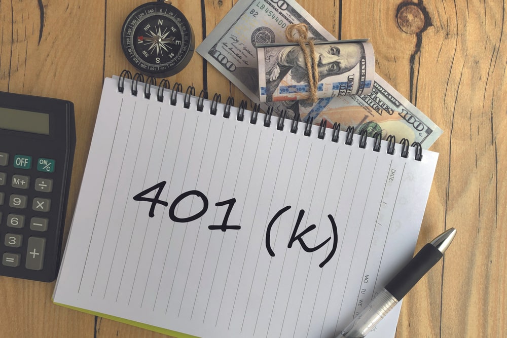 401(k) on a piece of paper next to money and a calculator