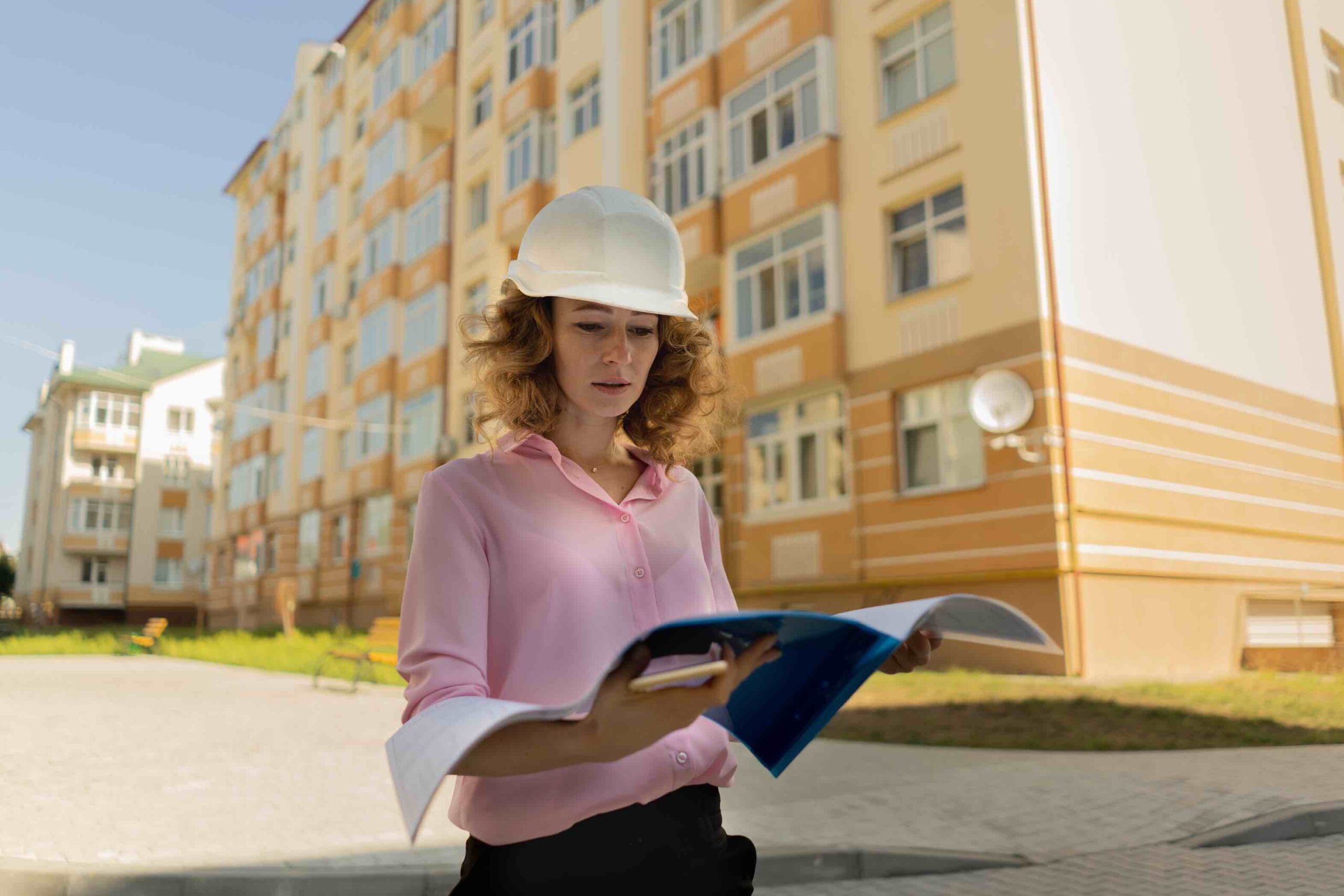 Focused female engineer in hardhat reading documents on the street