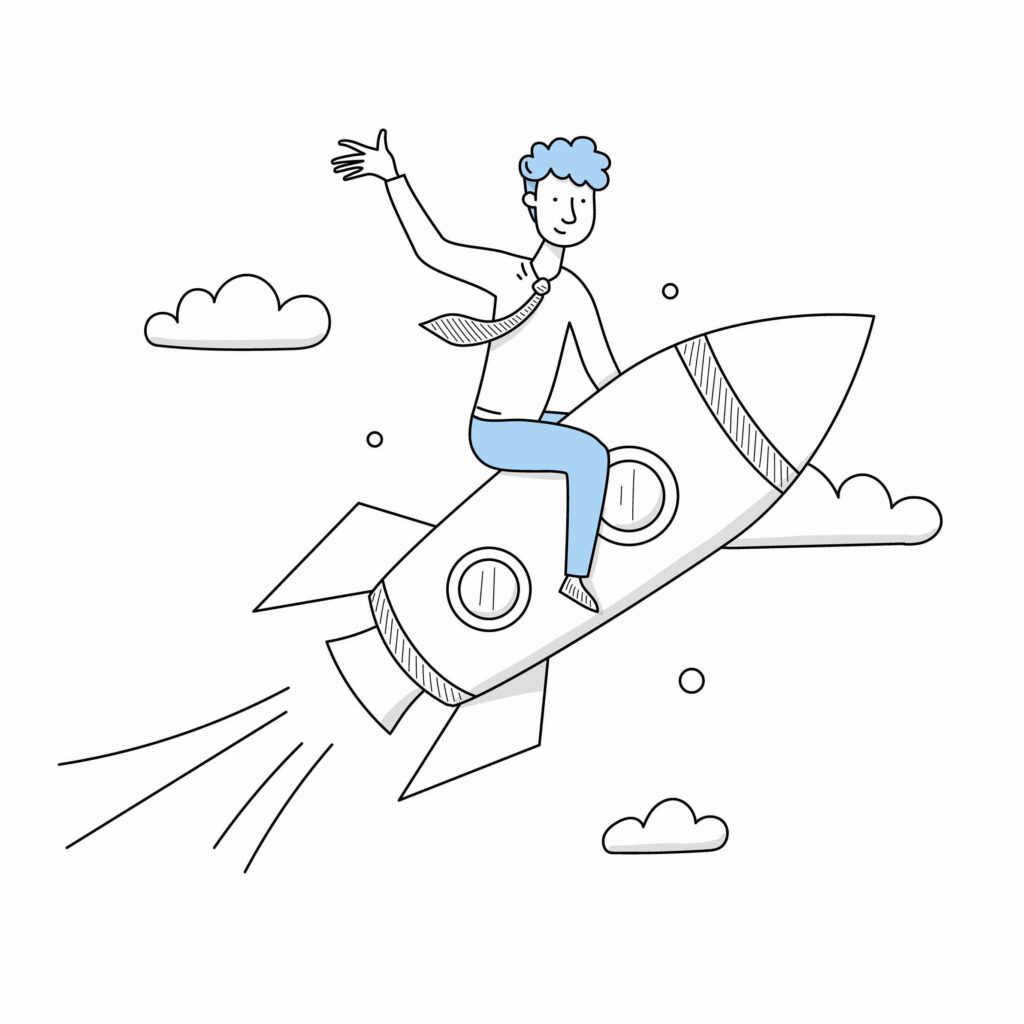 Illustration of businessman on rocket with a very good job outlook