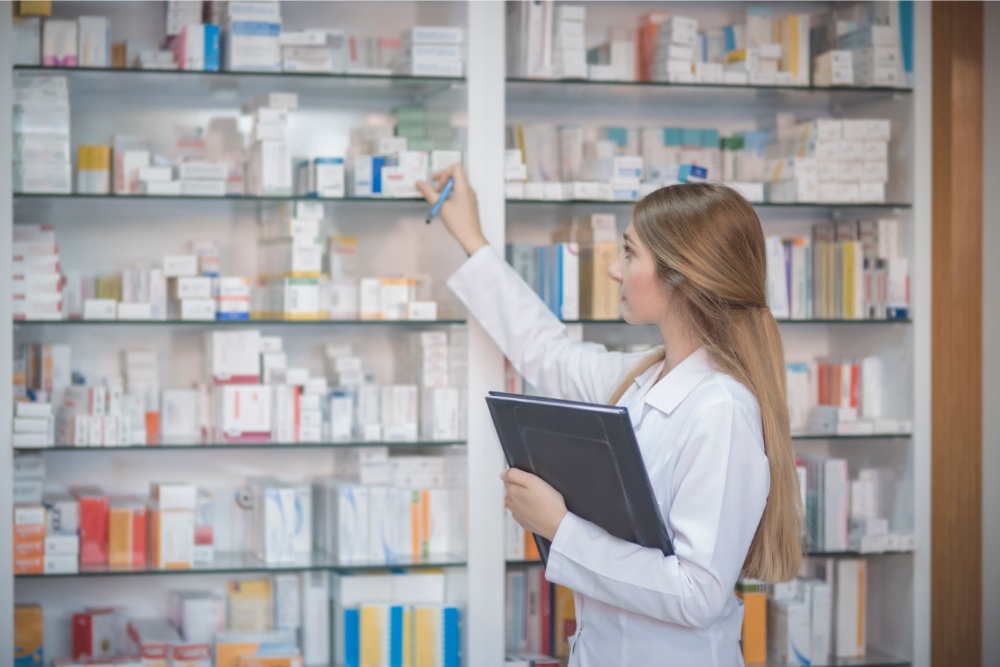 Pharmacists work at drug stores.