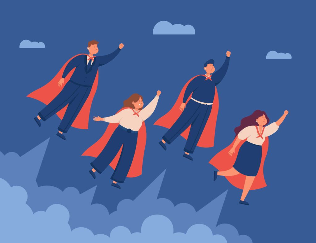 Professional male and female business people flying in capes