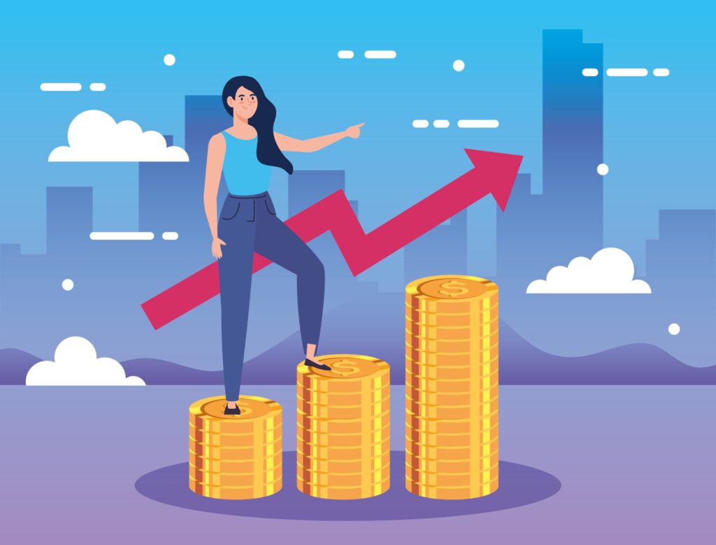 Woman on piles of coins with arrow up infographic