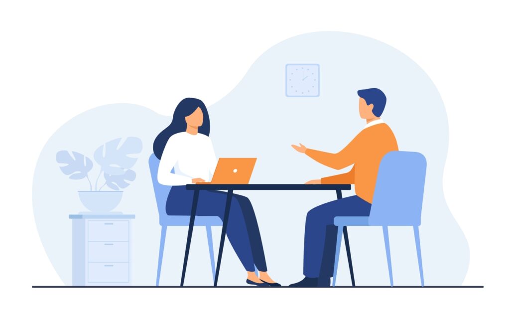 Illustration of a man and a woman sitting on a desk for a job interview