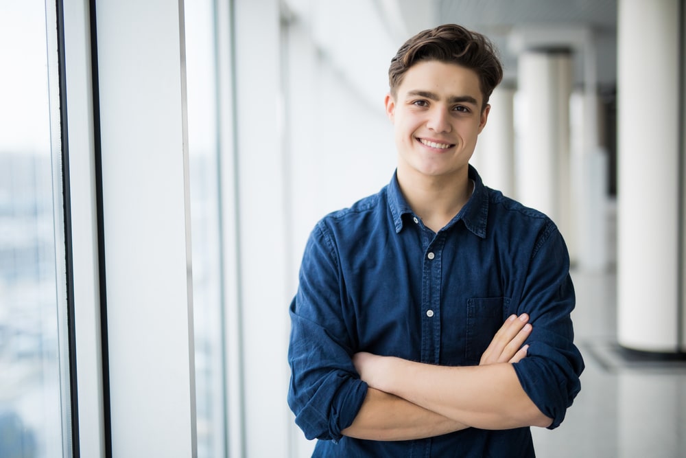 man in blue shirt