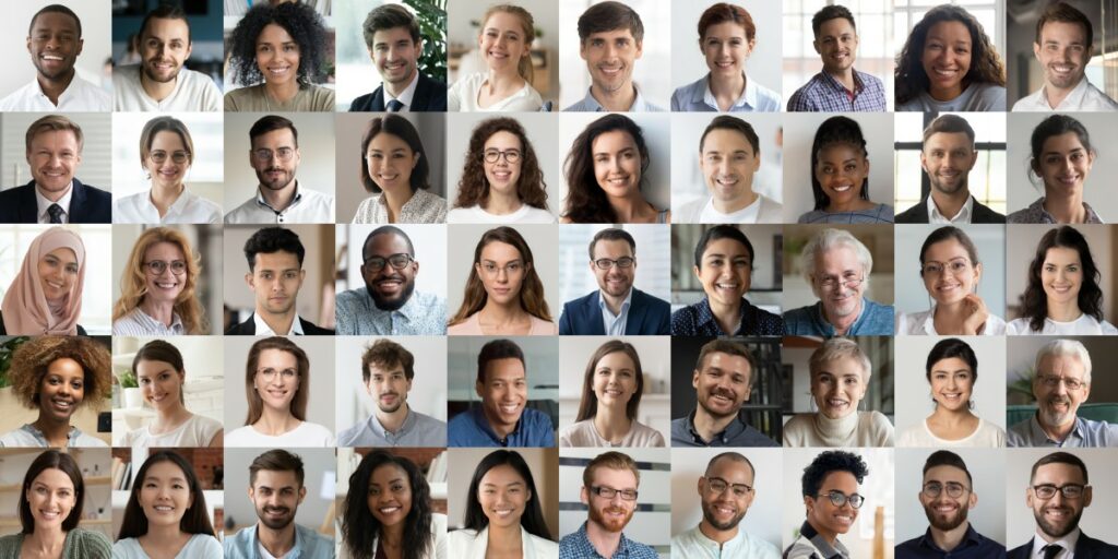 collage of portraits of different people of different race, age, and gender. all smiling