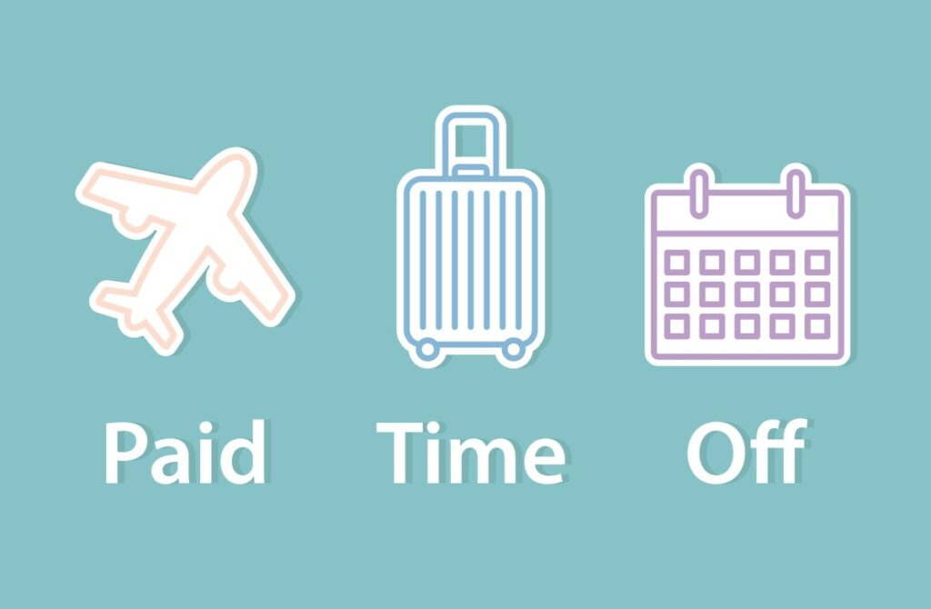 blue background and comic style icons - plane, suitcase, and calendar, spelling out paid time off in white letters