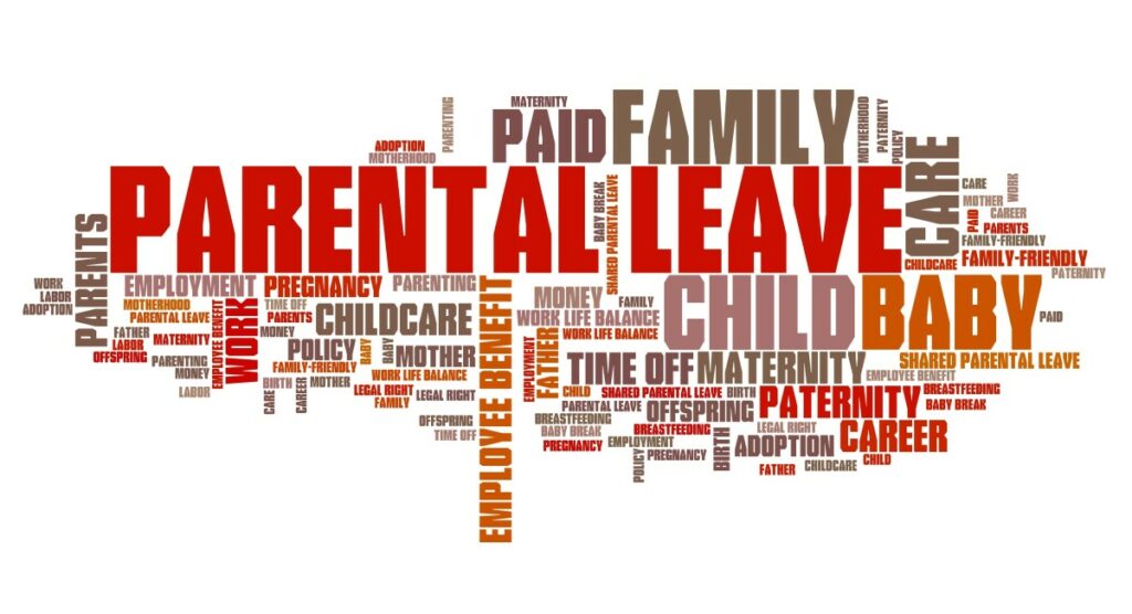 word cloud in red, orange and brown, showing words like parental leave, maternity, paid, family care, and everything related to that matter