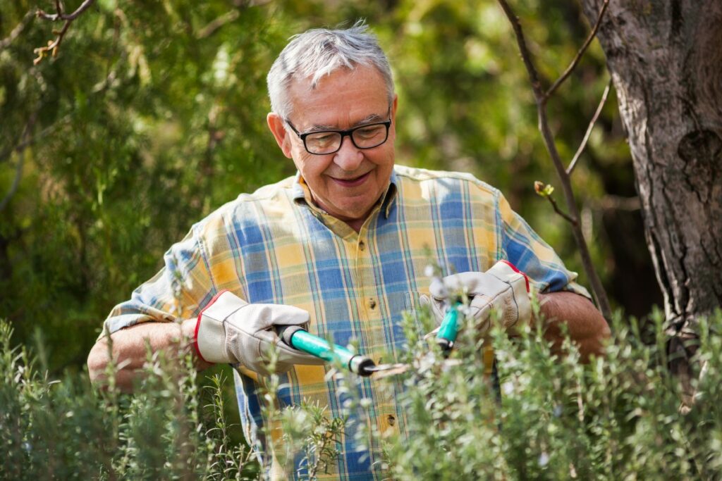elderly man with glasses wearing a plaid shirt gardening as job after retirement