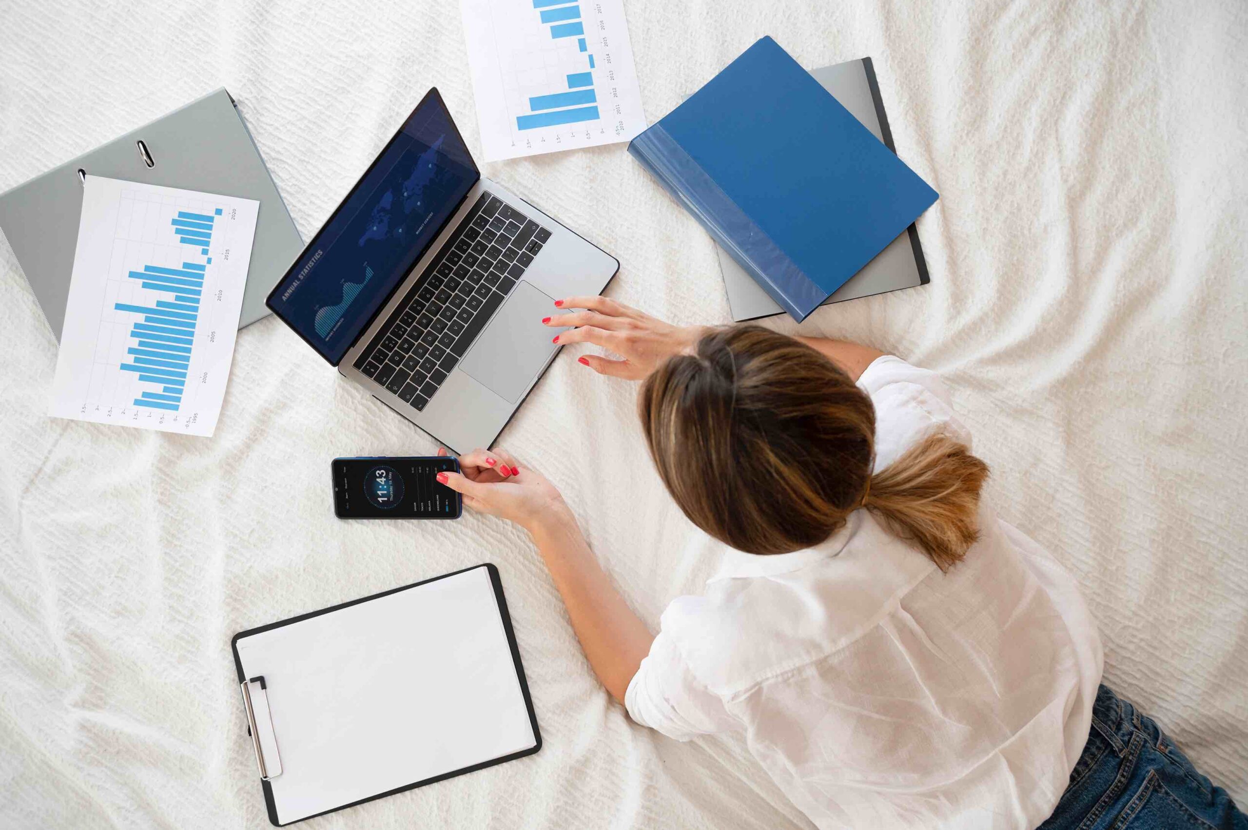 Woman, Working, Bed, Laptop, Phone, Home Office